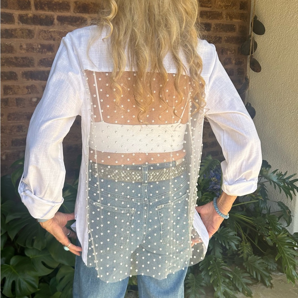White Blouse with Crisp Collar and Sheer back with Pearl Detail